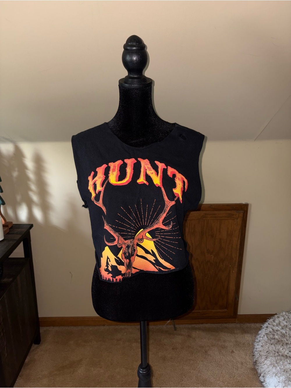 Black 'HUNT' Graphic Crop Tank with Orange-Yellow Deer Print